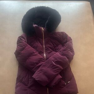 Obermeyer Women's Eggplant/Plum Ski Jacket with Black Faux Fur Hood